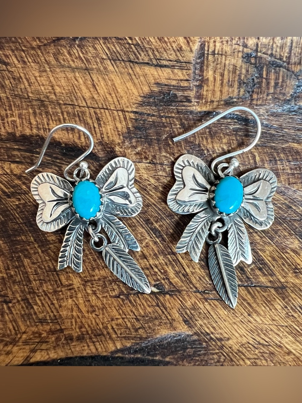Sterling Silver Kingman Turquoise Bow Feather Dangle Earrings